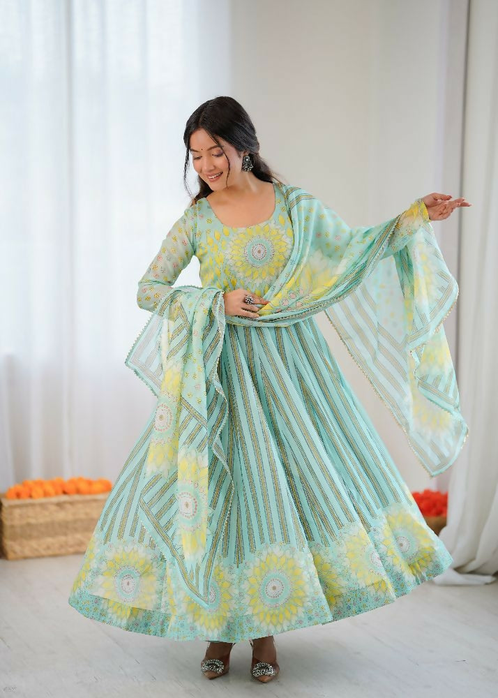 Teeya Creation Sky Soft Organza Digital Printed Party Wear Long Gown