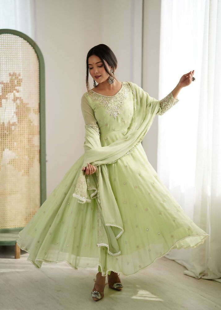 Teeya Creation Pista Color Faux georgette Embroidery Work Wedding Wear Gown