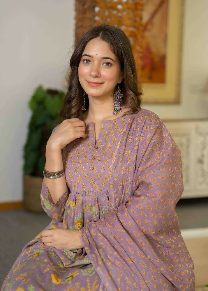 Jaimini Women Cotton Printed Round Neck 3/4 Sleeves Calf Length Flared Kurta Pant And Dupatta Set