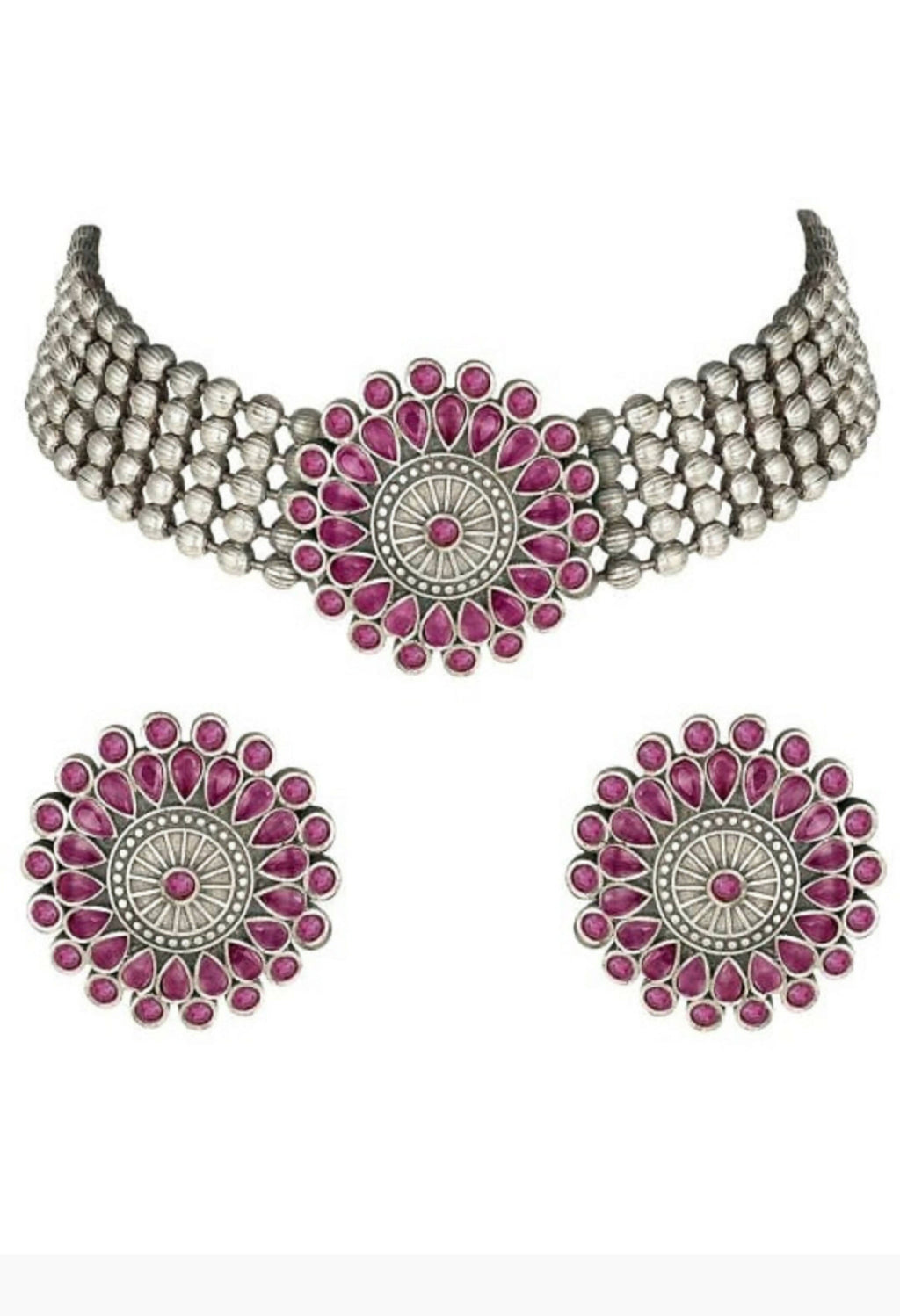 Mominos Fashion Johar Kamal Oxidised Silver-Plated Brass Finish Kundan Choker For Women (Pink)