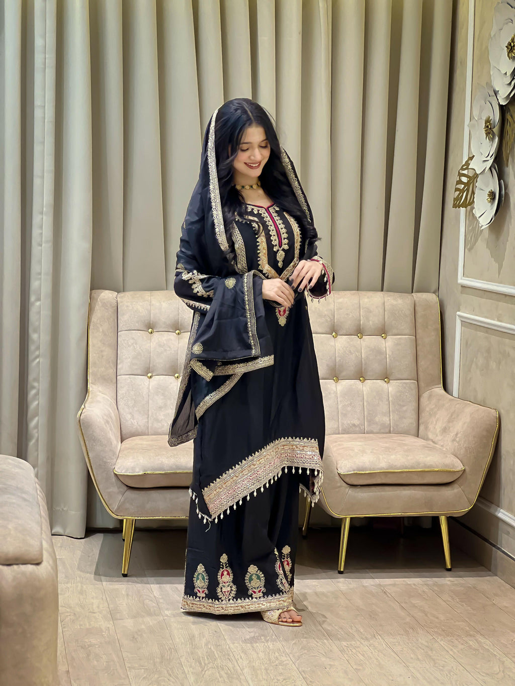Teeya Creation Black Color Chinon Silk Party Wear Trending Palazzo Set