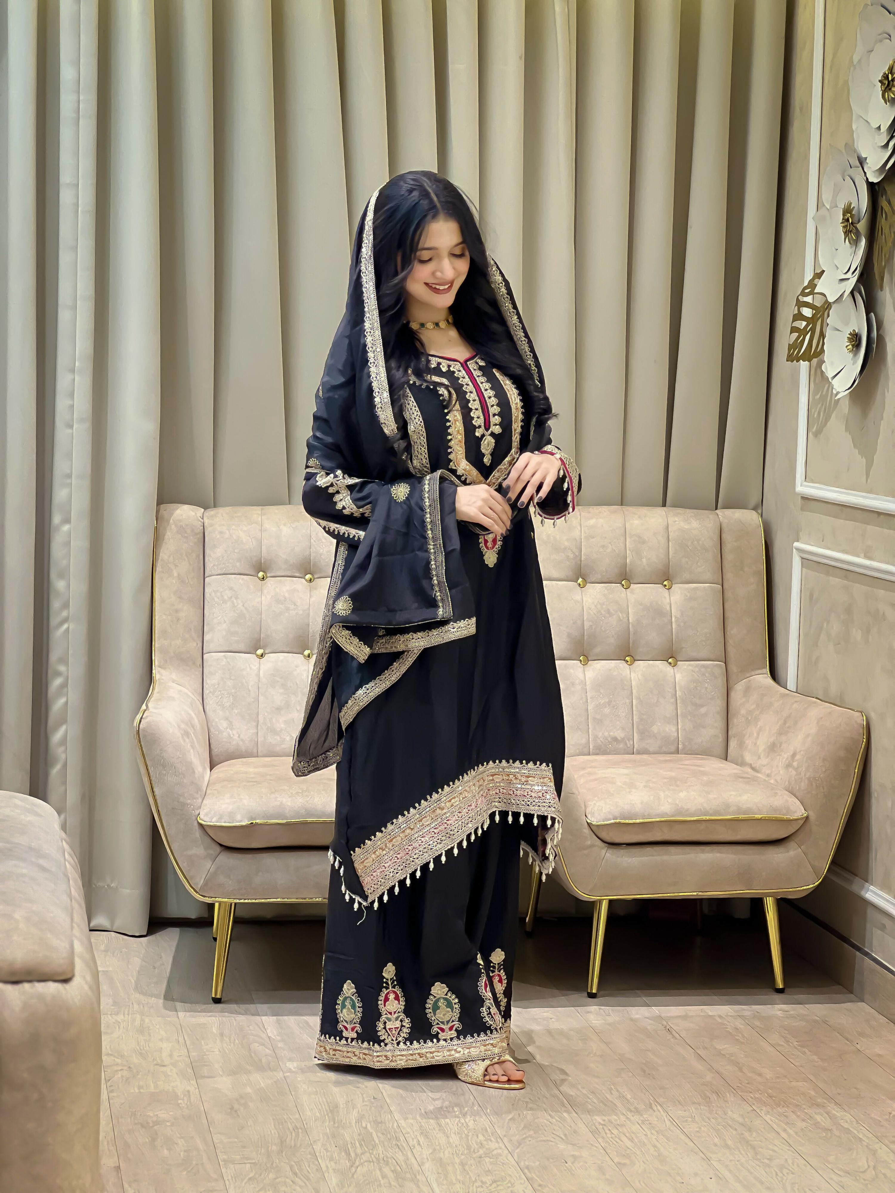 Teeya Creation Black Color Chinon Silk Party Wear Trending Palazzo Set