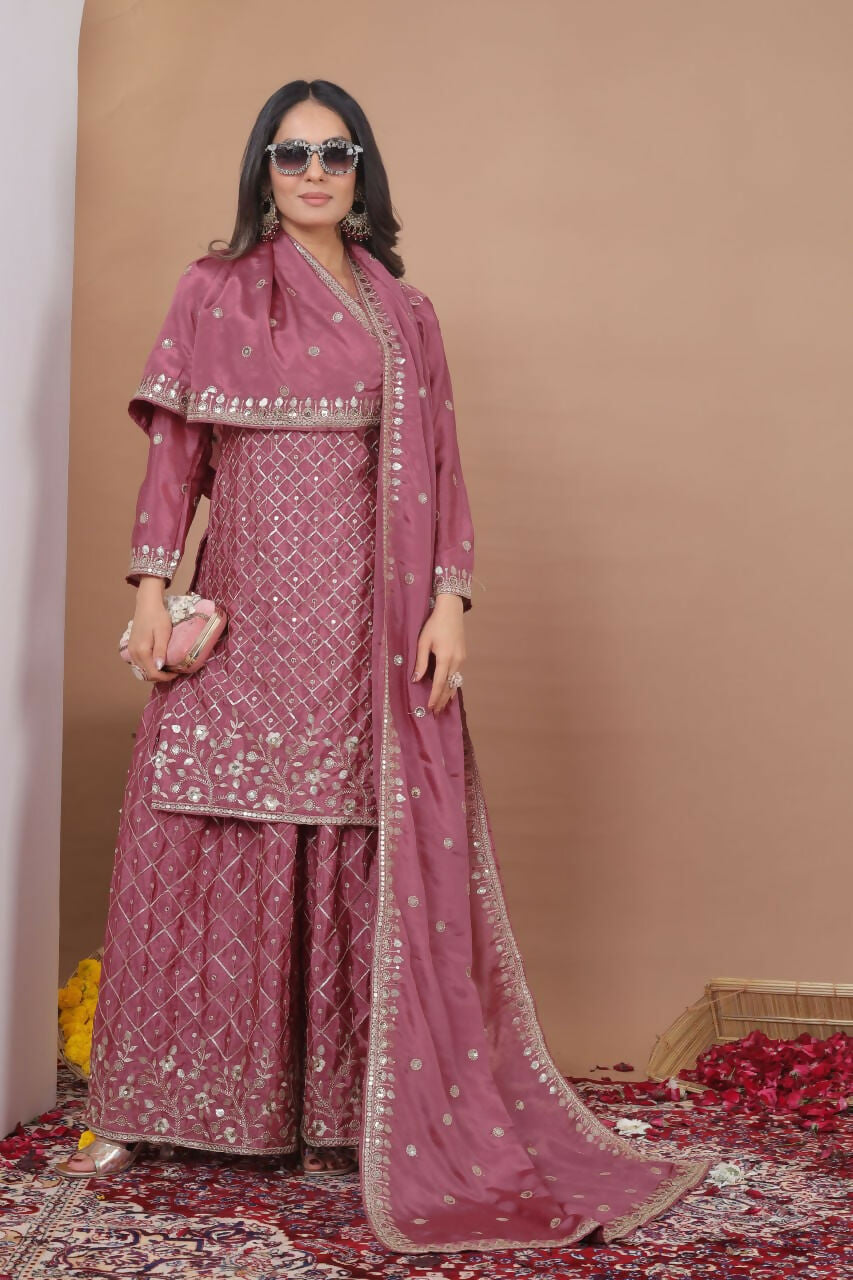 Teeya Creation Dark Onion Color Chinon Silk Wedding Wear Trending Palazzo Set