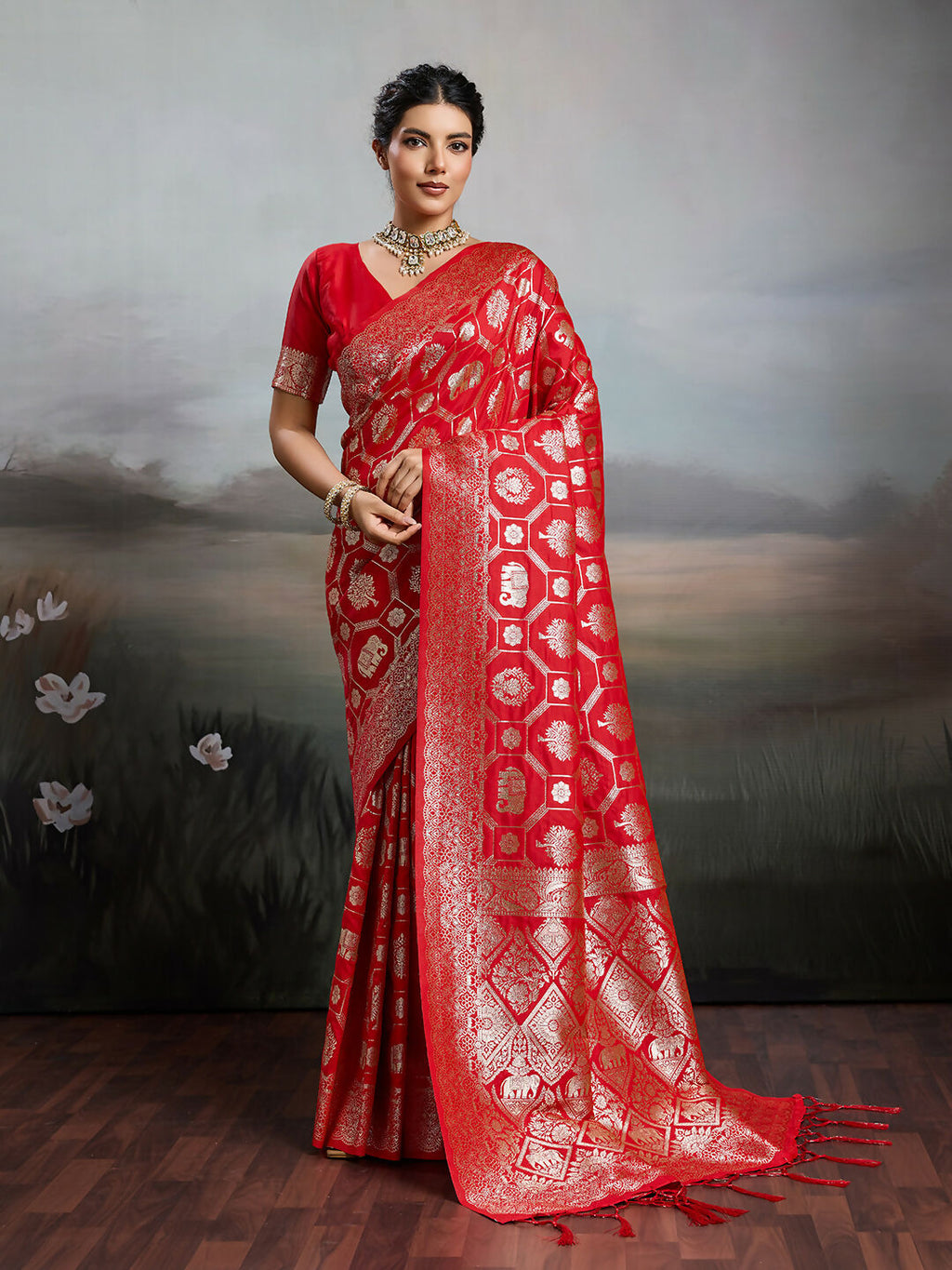 Shree Shyam Fashion Red Silk Blend Saree