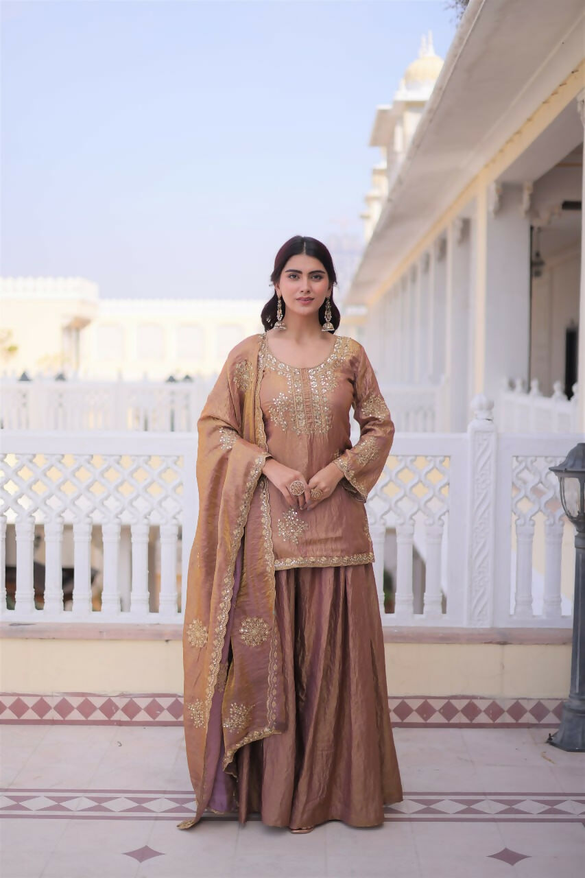 Teeya Creation Womens New Stylish Fendi Crush With Zari Sequins Embroidered Work Kurta Set