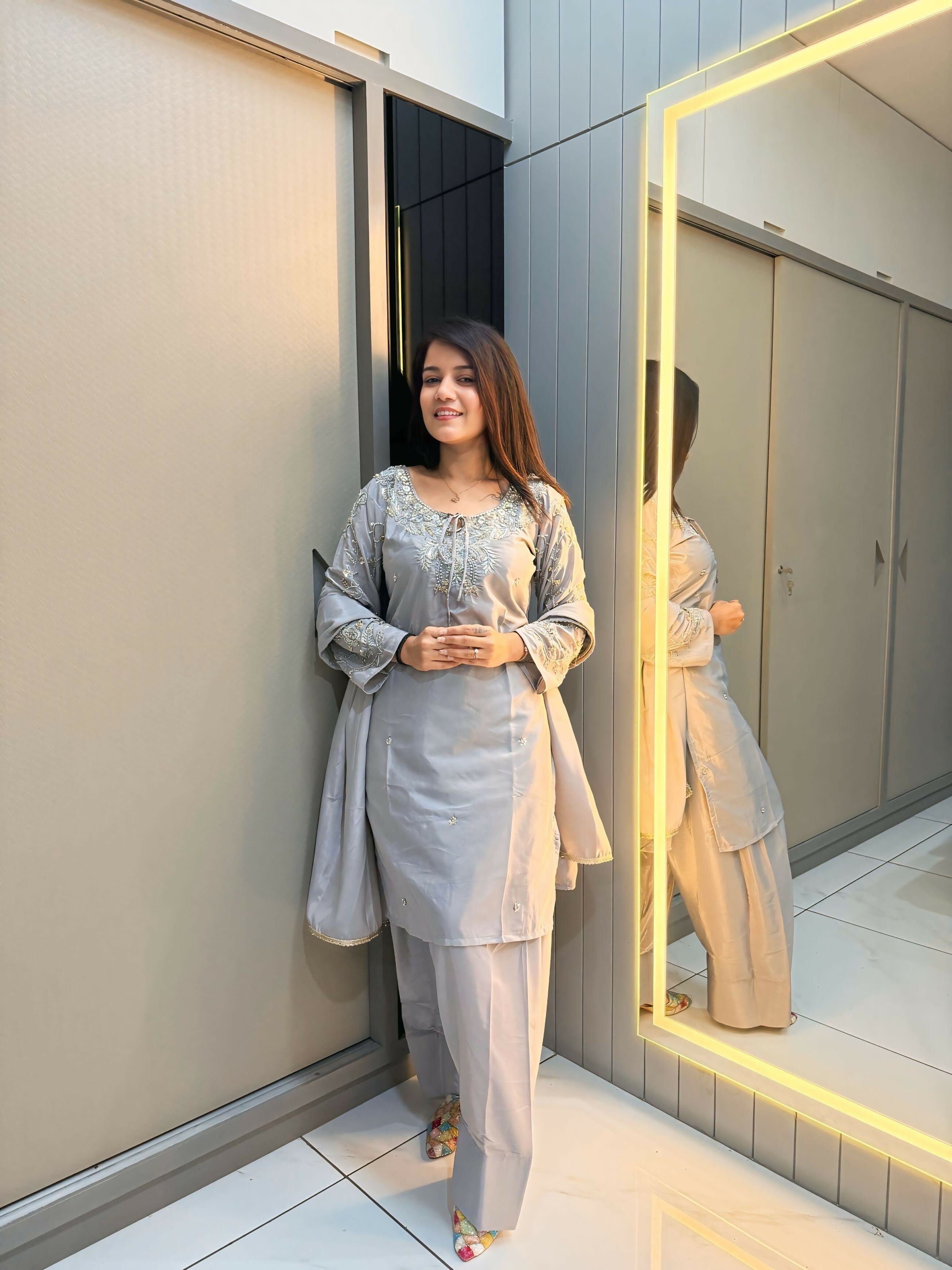 Anaita Grey Crape Readymade Kurti Set with Beads Sequence Work
