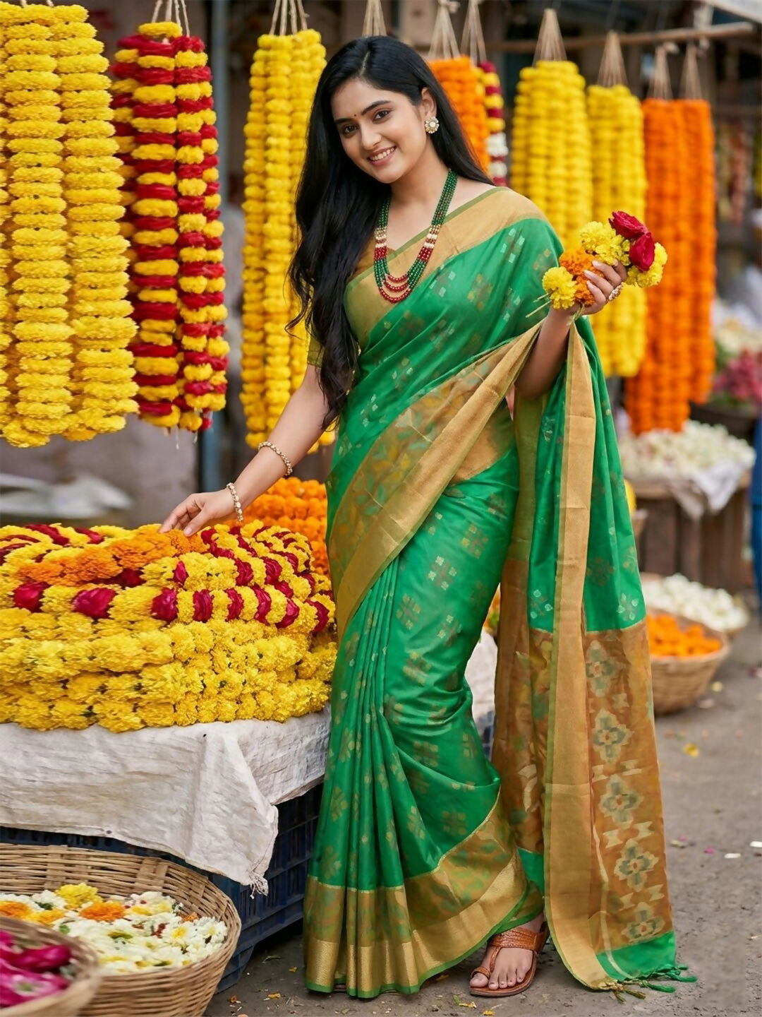 Shree Shyam Fashion Green Pochampally Silk Saree