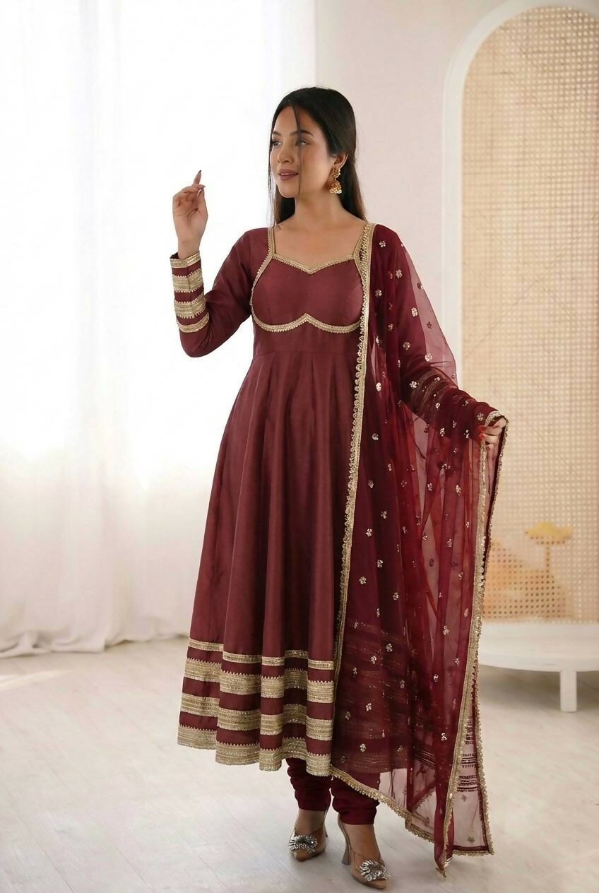 Teeya Creation Maroon Cosmos Gold Lace Work Party Wear Gown
