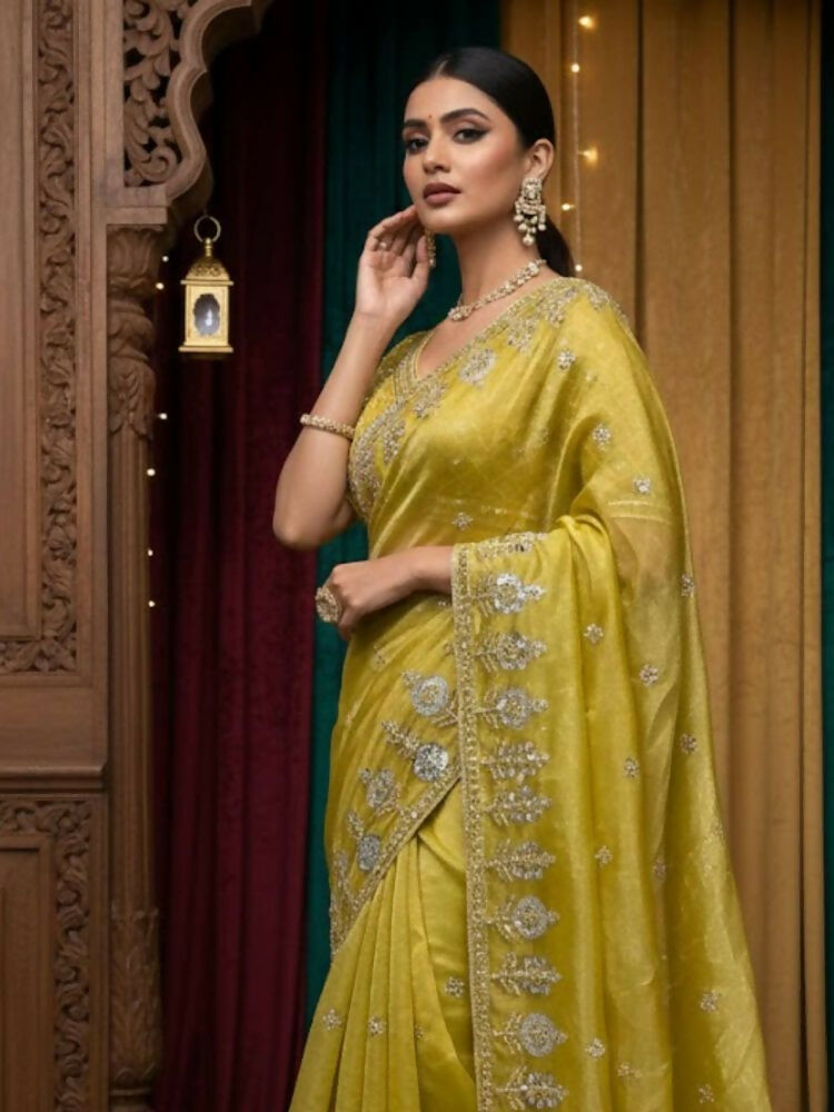 Joban Fashion Yellow Fandy Satin Silk Party Wear Sarees