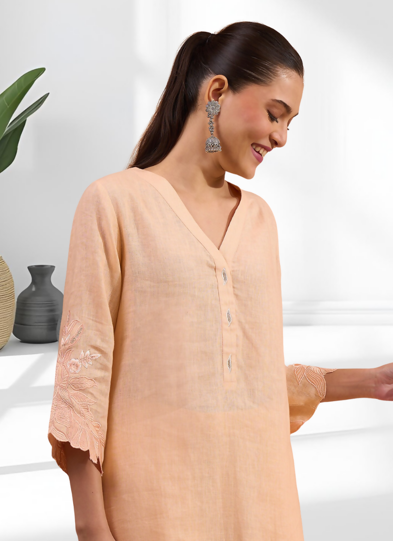Joban Fashion Coral Linen Embroidered Readymade Long Kurta With Pant