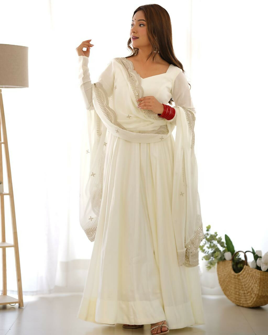 Lehenga Mart Designer Anarkali Suit With Kurta, Pant, Dupatta For Women-Off White