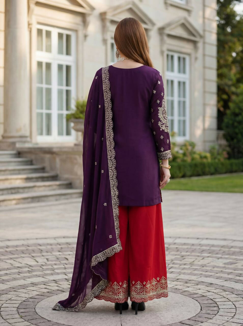 Teeya Creation Wine Chinon Silk Embroidery Work Party Wear Palazzo Pair