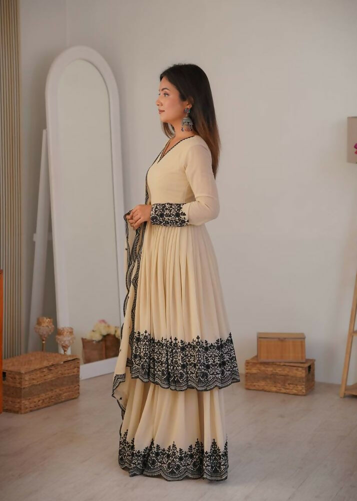 Teeya Creation Cream Color Faux Georgette Embrodiery Work Party Wear Sharara set
