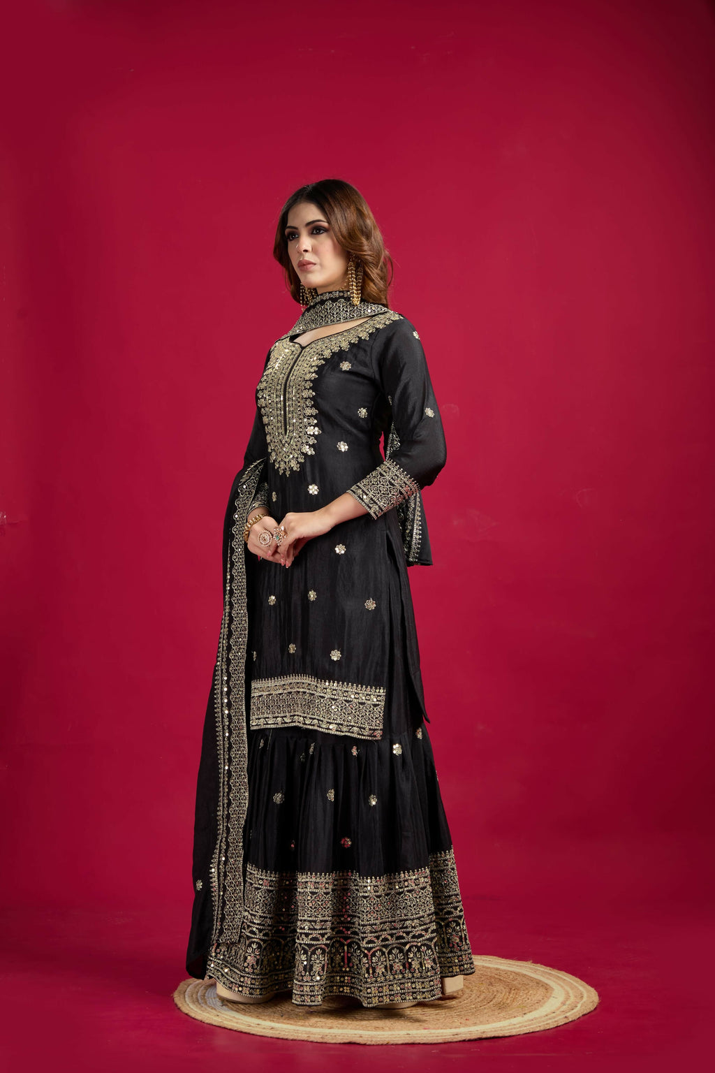 Joban Fashion Black Kurta Set Silk Sequins , Zari, Coding & Thread Embroidered work