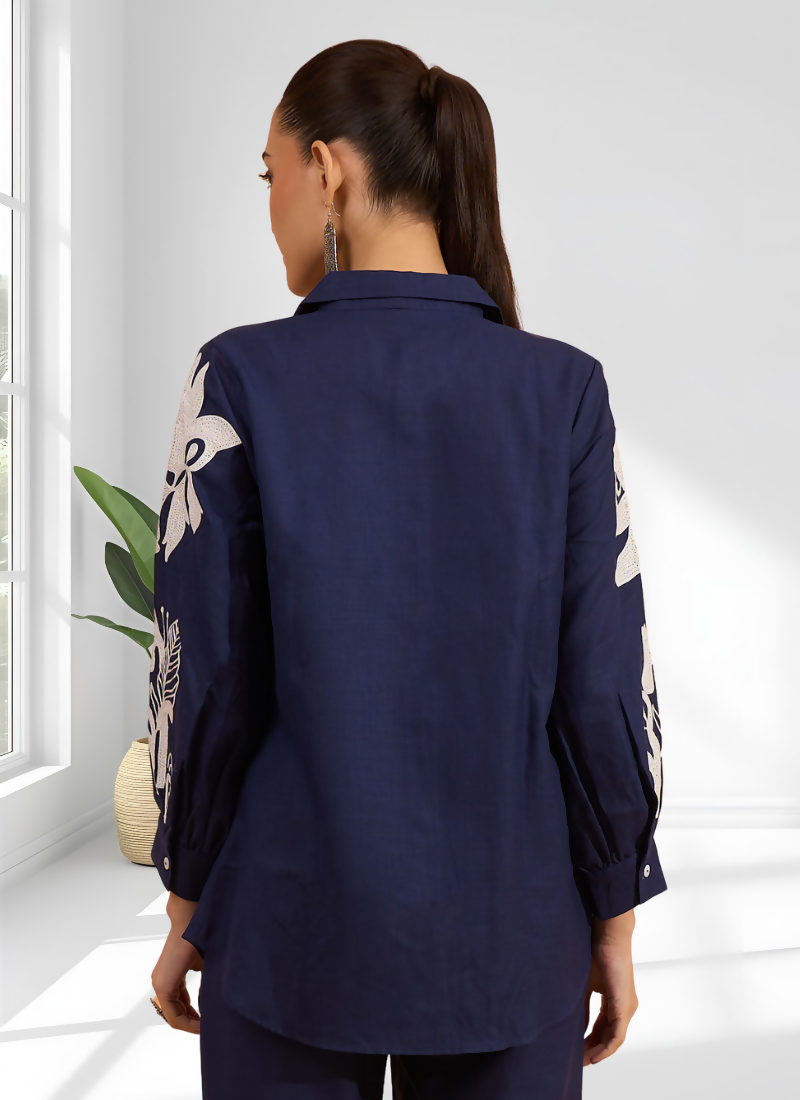 Joban Fashion Navy Blue Cotton, Linen Embroidered Readymade Cord Set