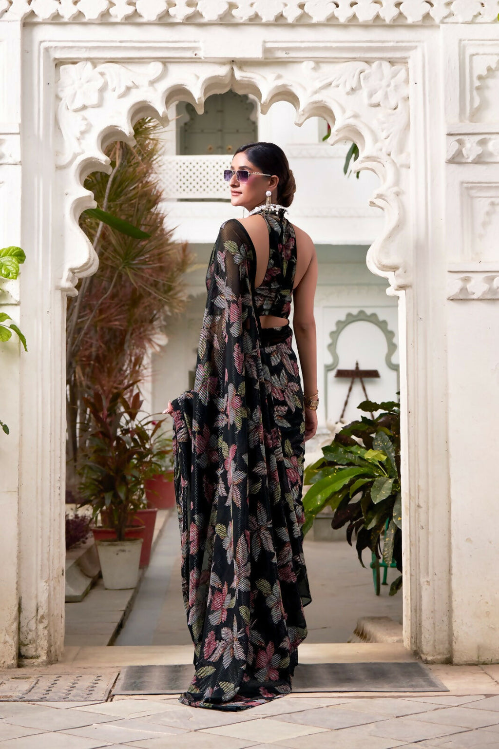 Vastranavya Black Lurex Brasso Floral Printed Saree with Unstitched Blouse