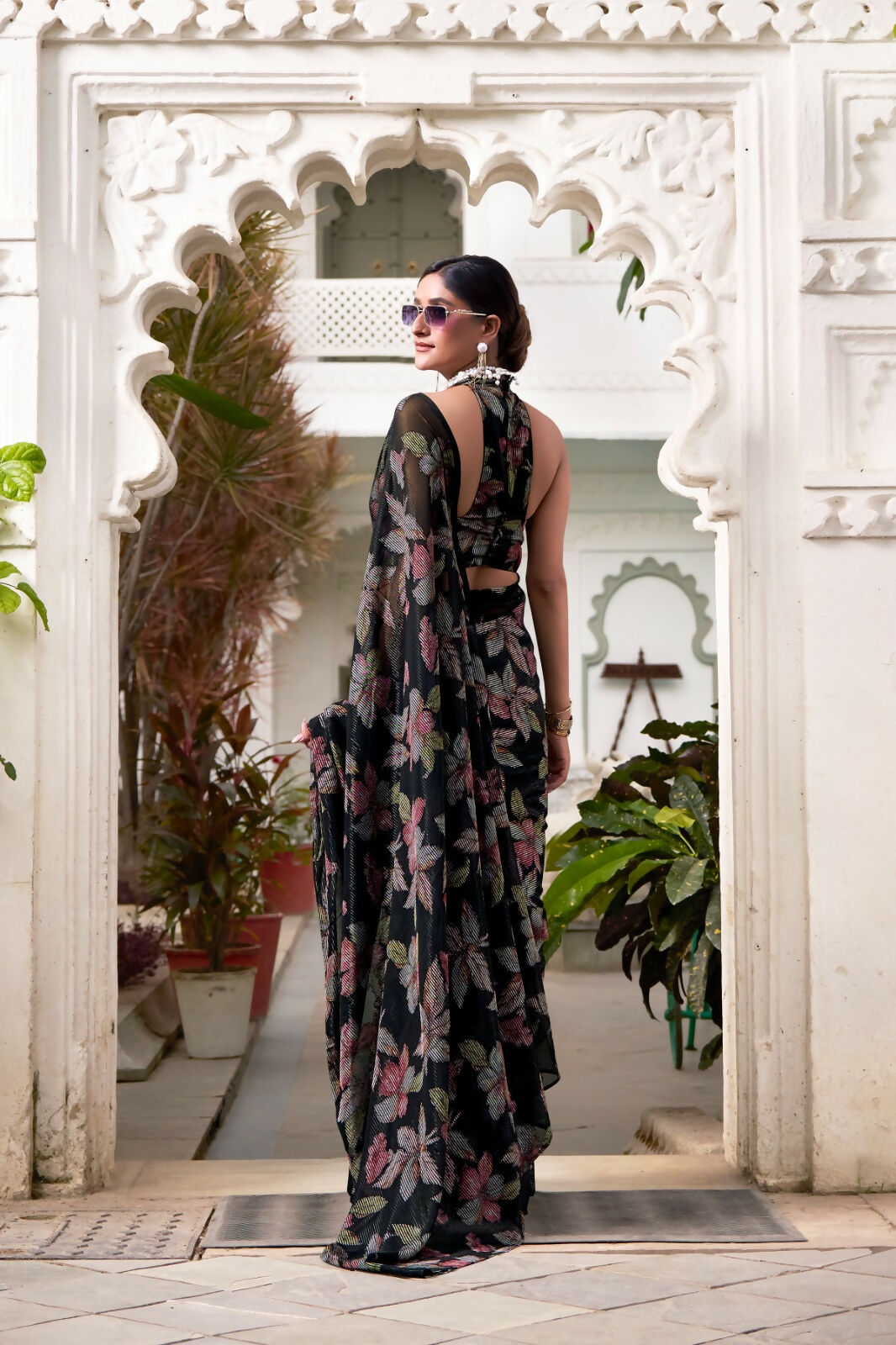 Vastranavya Black Lurex Brasso Floral Printed Saree with Unstitched Blouse