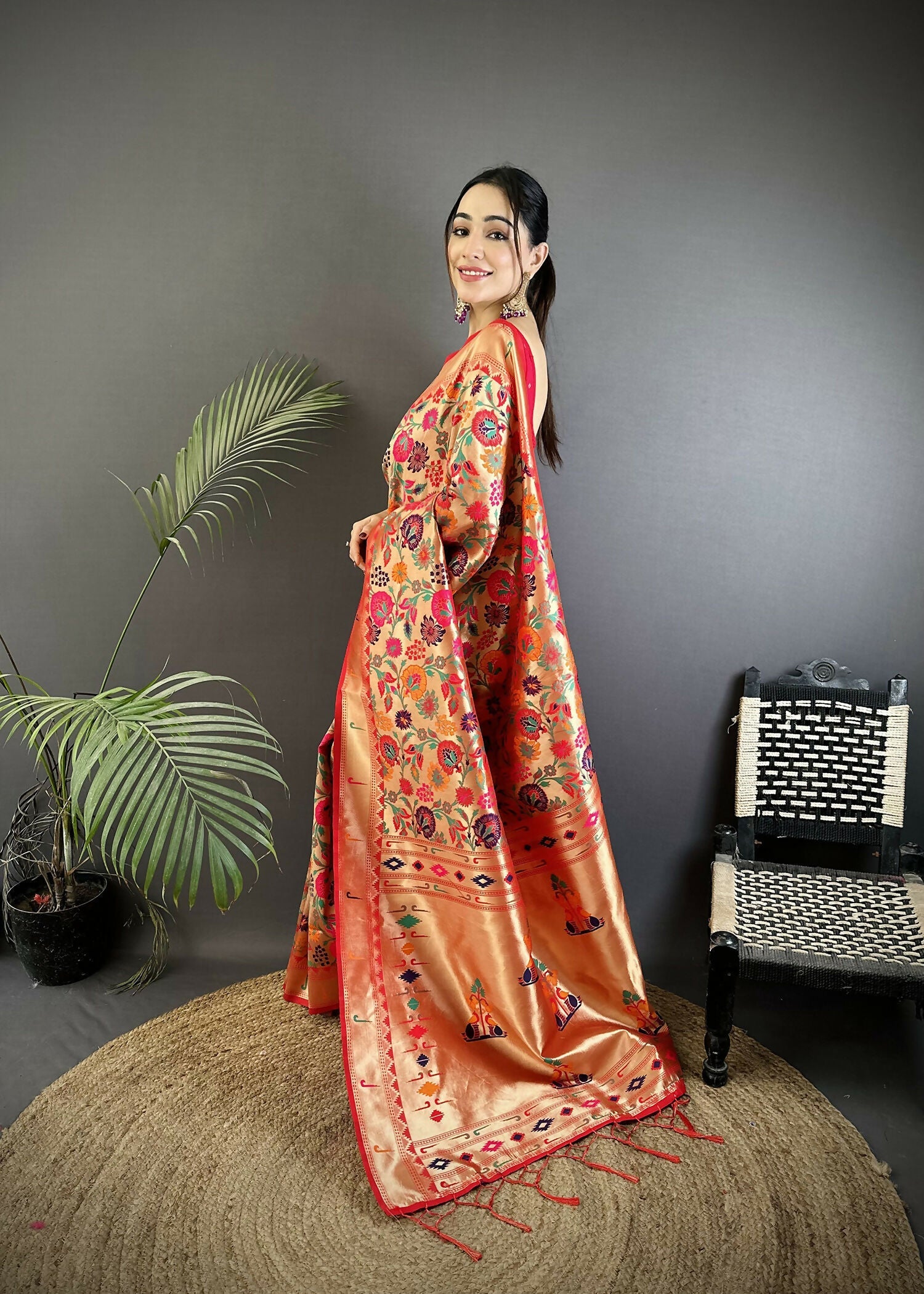 Joban Fashion Orange Floral & Potentially Peacock Soft Silk Paithani Saree