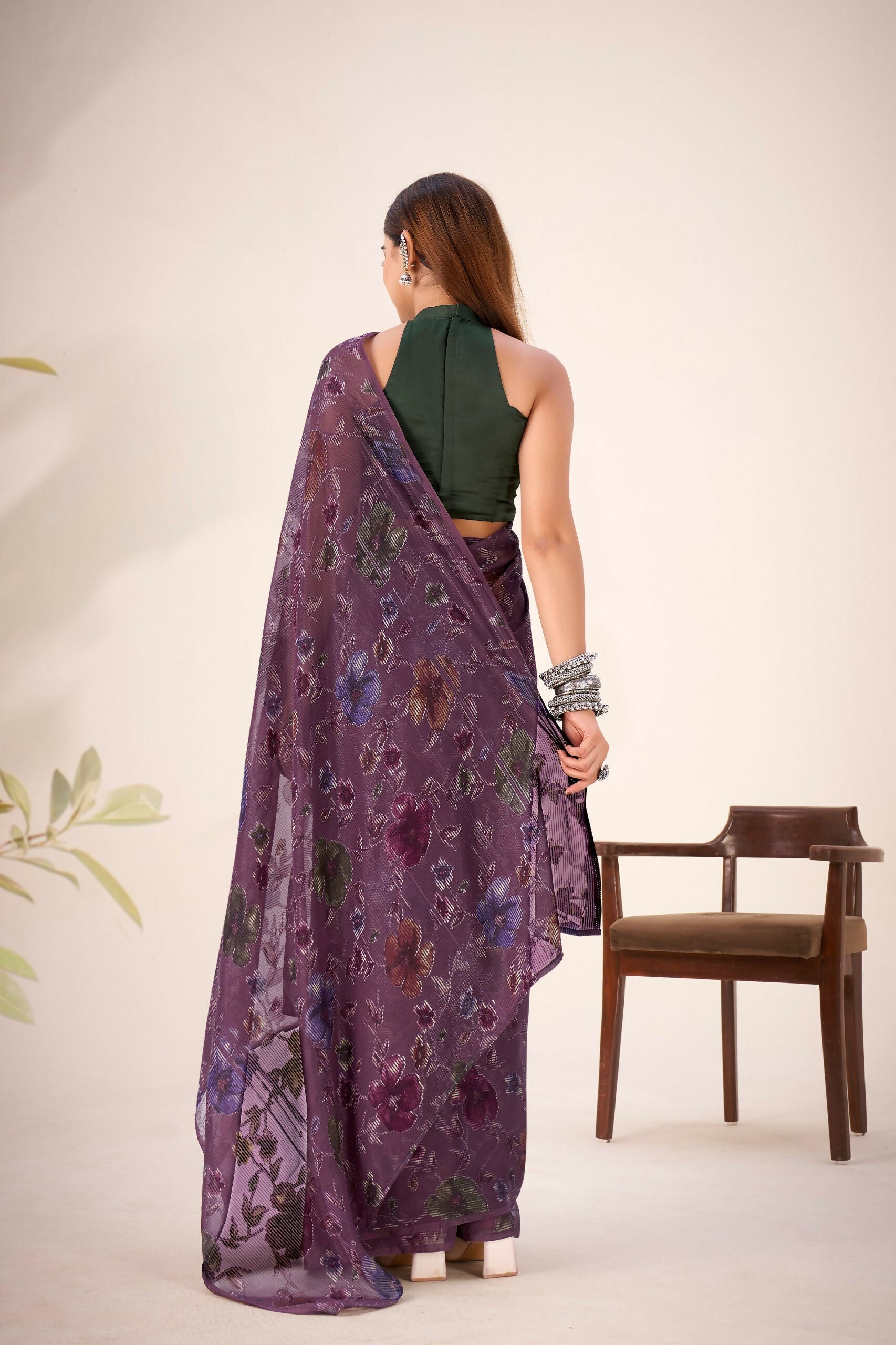 Vastranavya Wine Lurex Brasso Floral Printed Saree with Unstitched Blouse