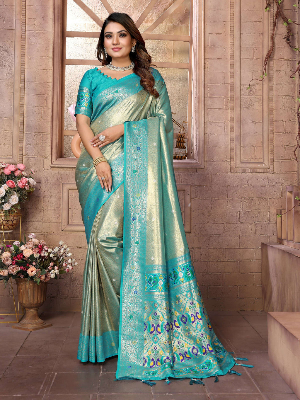 Aastha Fashion Sea Green Banarasi Tissue Silk Weaving Saree