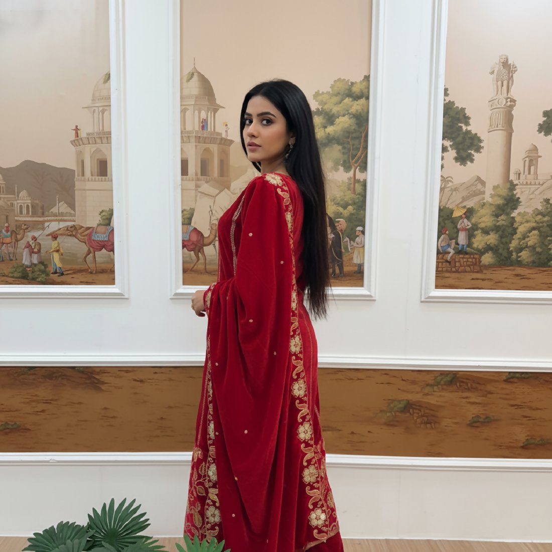 Joban Fashion Red Kurta Set Velvet Embroidery Sequence Work