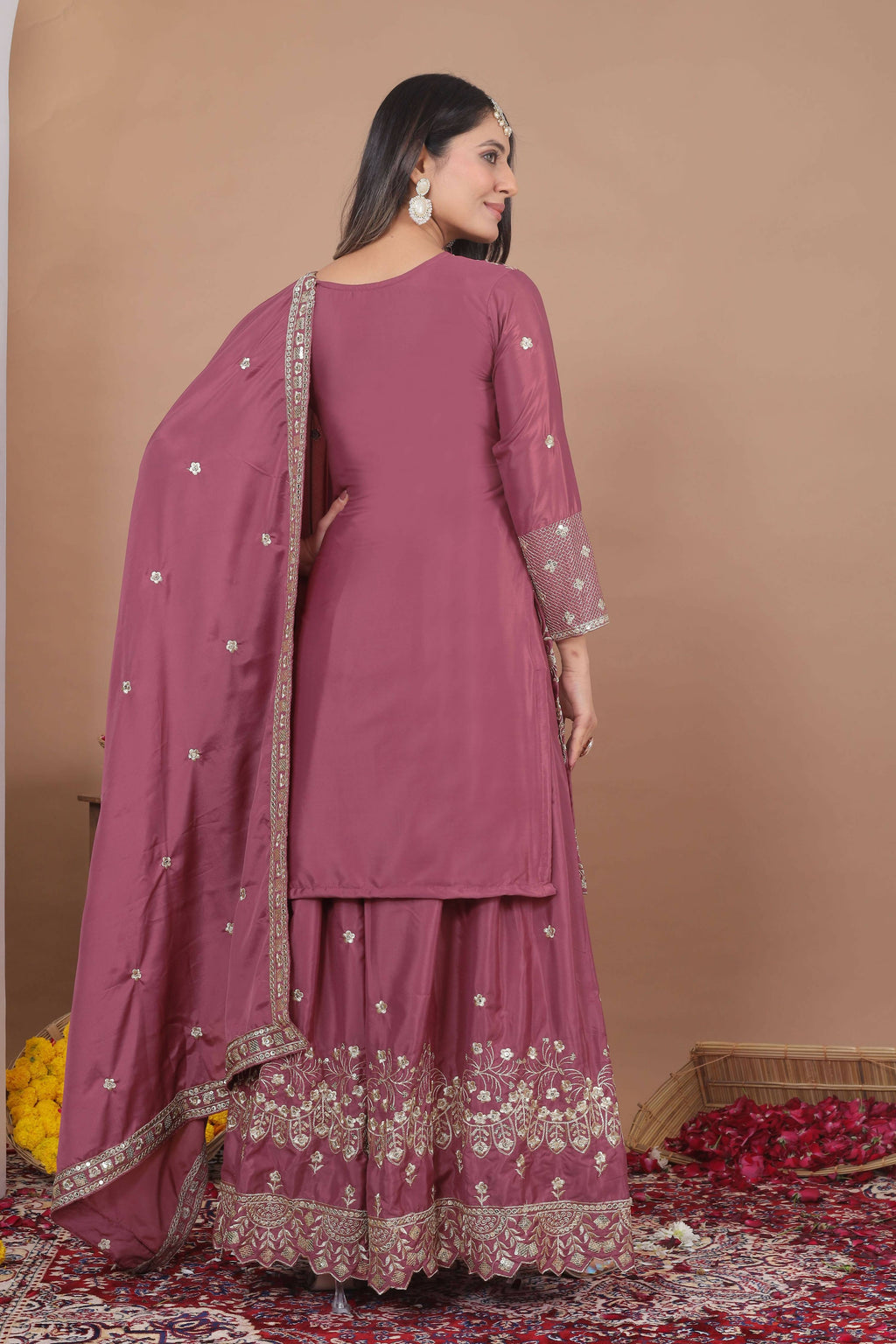 Lehenga Mart Designer Sharara Suit With Kurta, Sharara, Dupatta For Women-Mauve