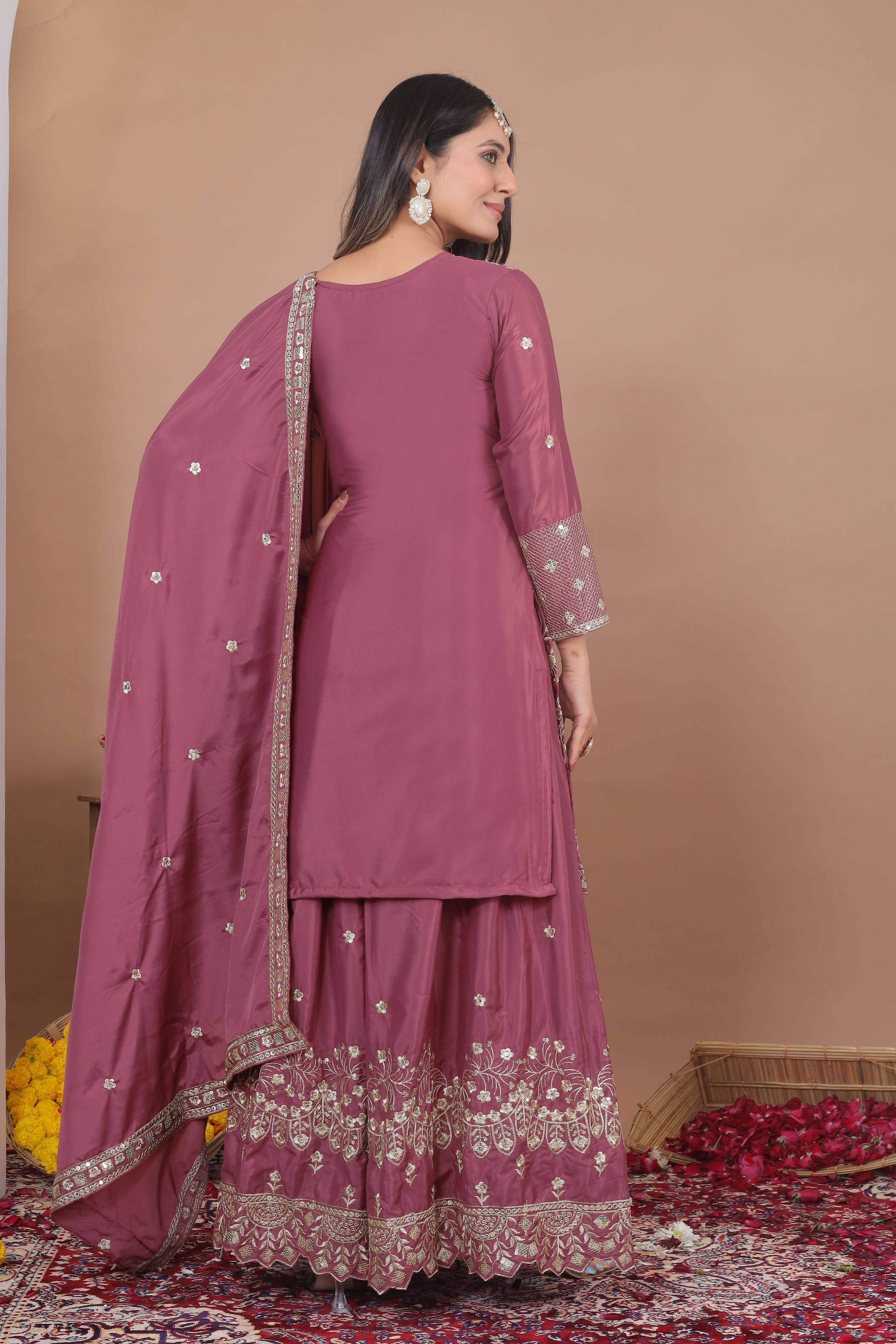 Lehenga Mart Designer Sharara Suit With Kurta, Sharara, Dupatta For Women-Mauve