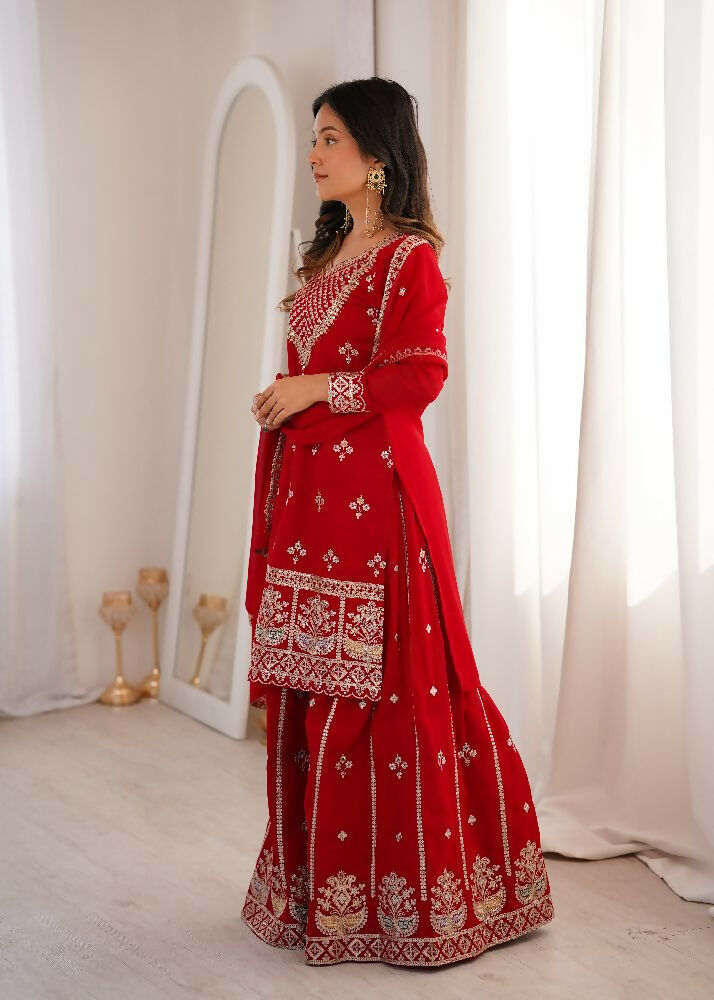 Teeya Creation Red Color Faux Georgette Heavy Embroidery Work Functional Wear Palazzo Set