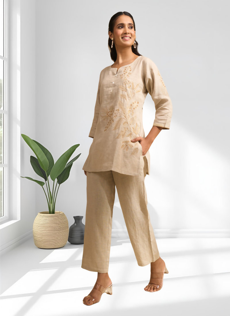 Joban Fashion Beige Linen Embroidered Readymade Cord Set