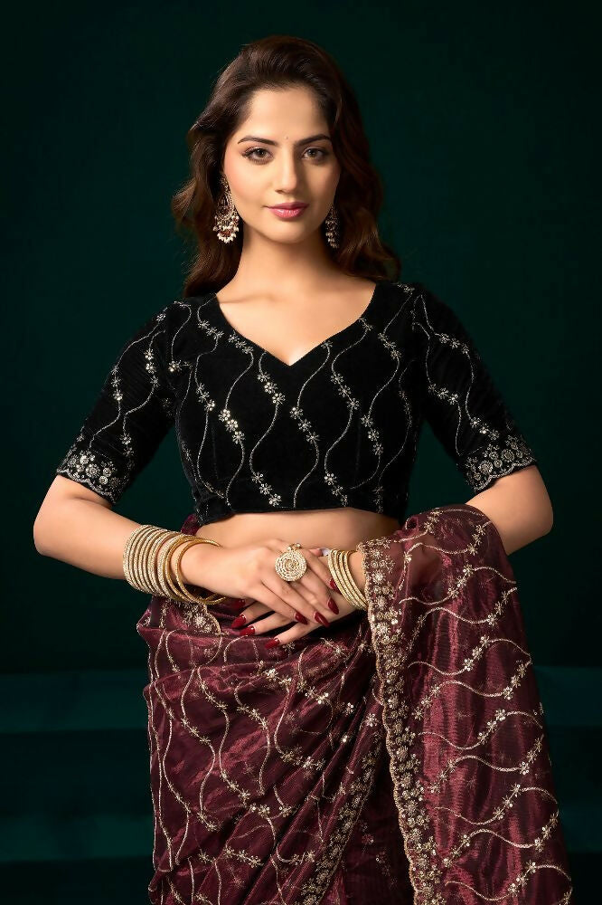 Joban Fashion Maroon Net Party Wear Sarees