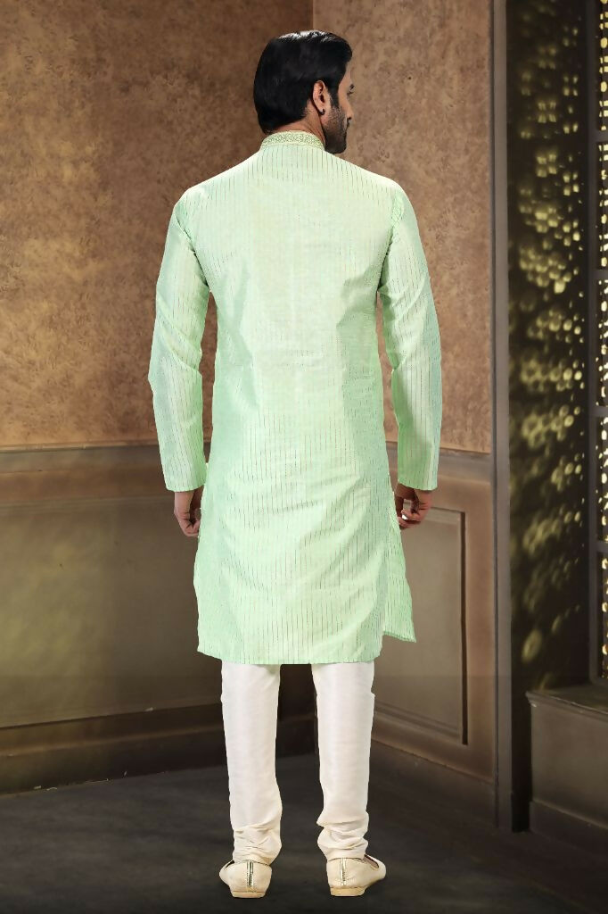 Raivat Ethnic Jacquard Art Silk Thread Work Kurta Pajama In Pista Green Colour