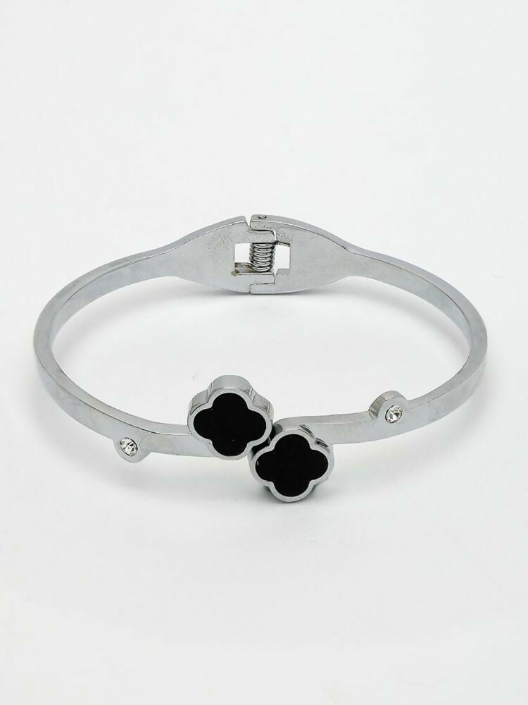 NVR Women Silver Plated Black Cuff Bracelet