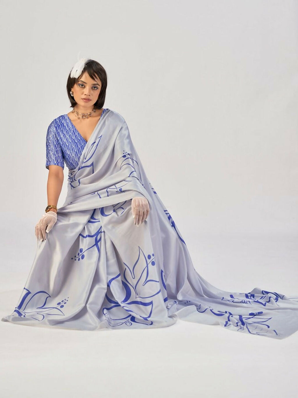 Vastranavya Sea Blue Satin Silk Elegant Printed Saree with Unstitched Blouse