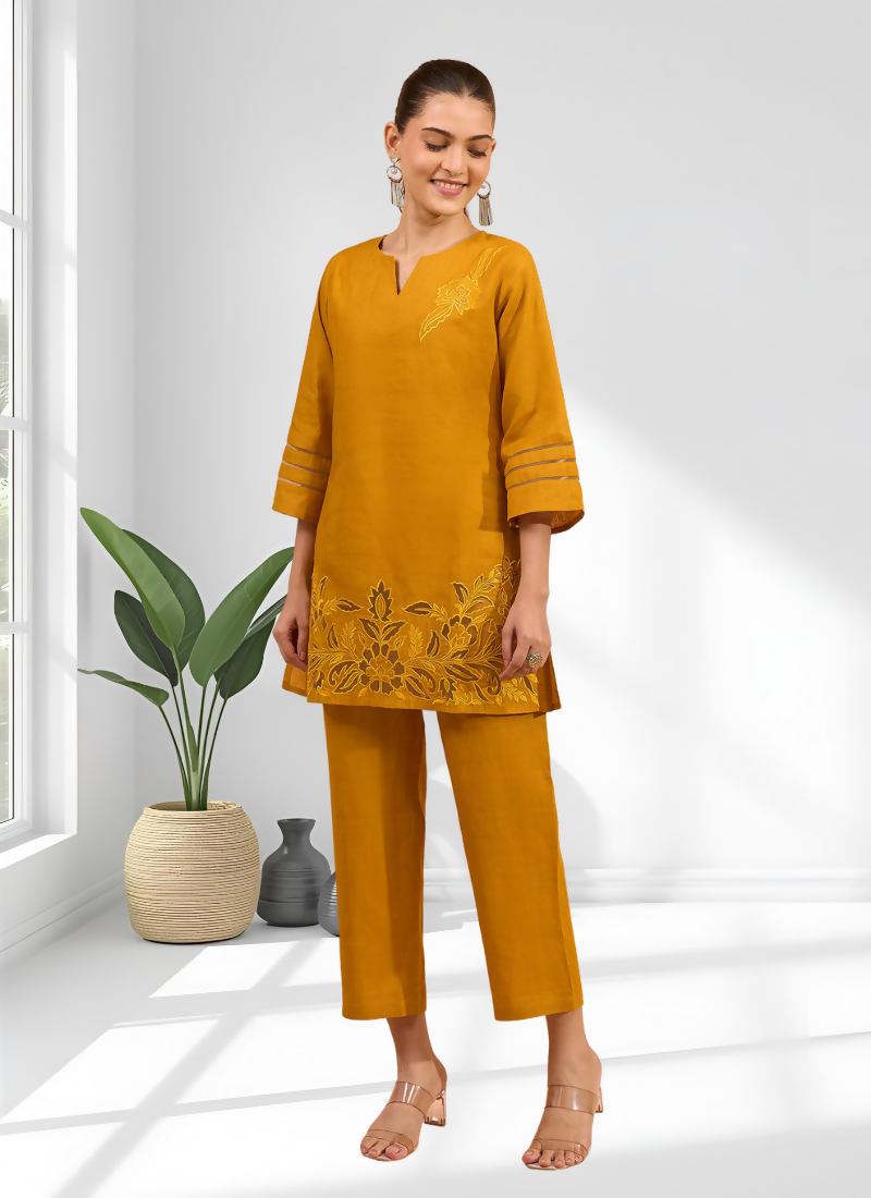 Joban Fashion Yellow Cotton, Linen Embroidered Readymade Cord Set