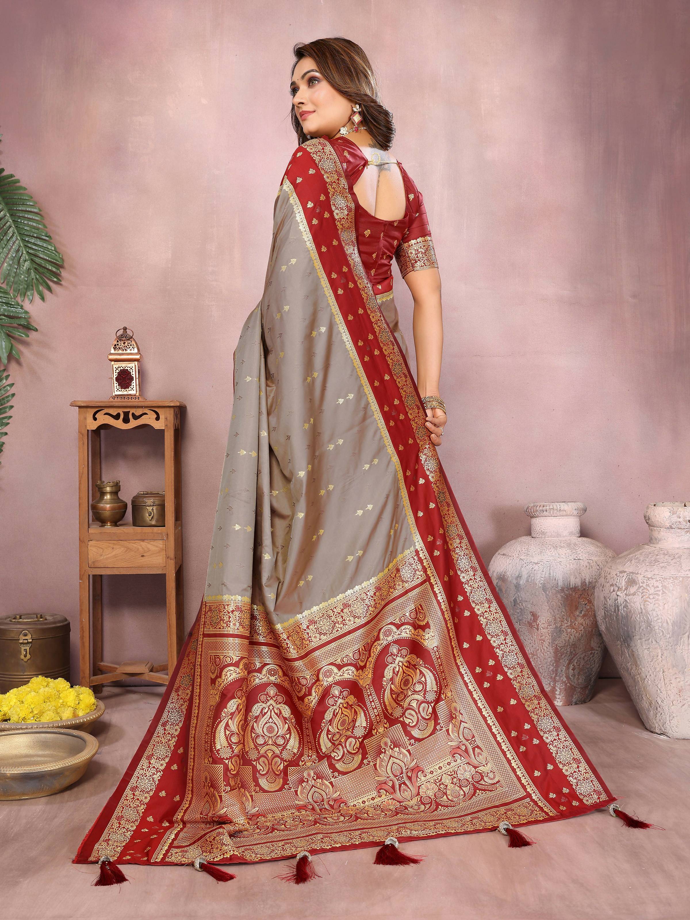 Aastha Fashion Grey Kalamkari Silk Zari Woven Saree