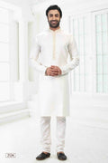 Raivat Ethnic Linen Cotton Thread Work Kurta Pajama In Cream Colour