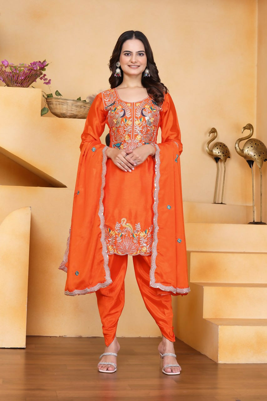 Joban Fashion Orange Silk Embroidered Dhoti Dhoti Set