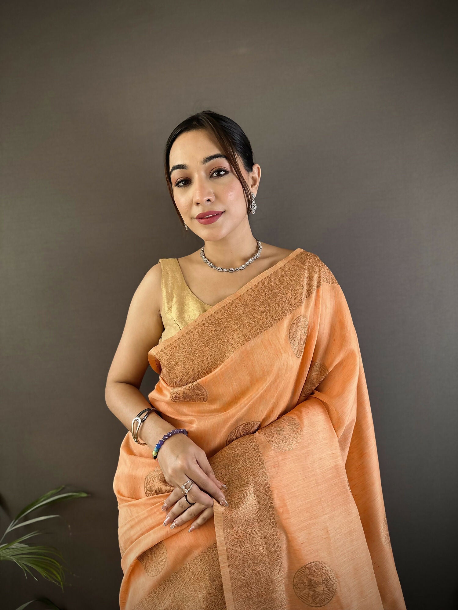 Joban Fashion Orange Floral & Paisley Linen Silk Banarasi Saree