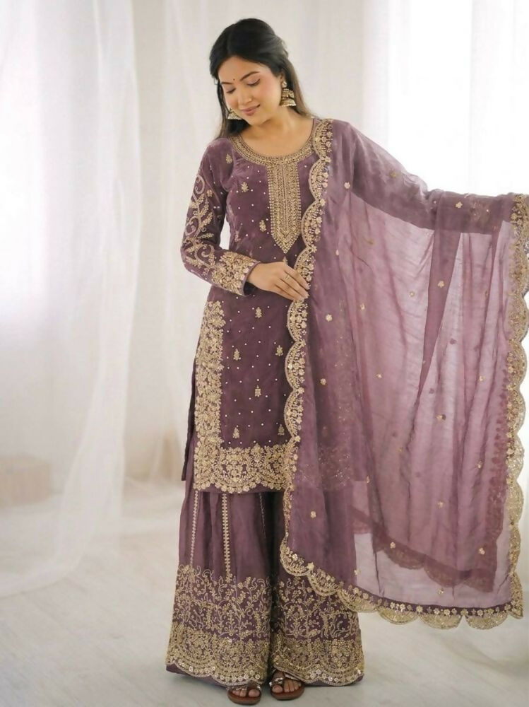 Teeya Creation Onion Color Fendy Silk Embroidery Work Wedding Wear Salwar Suit