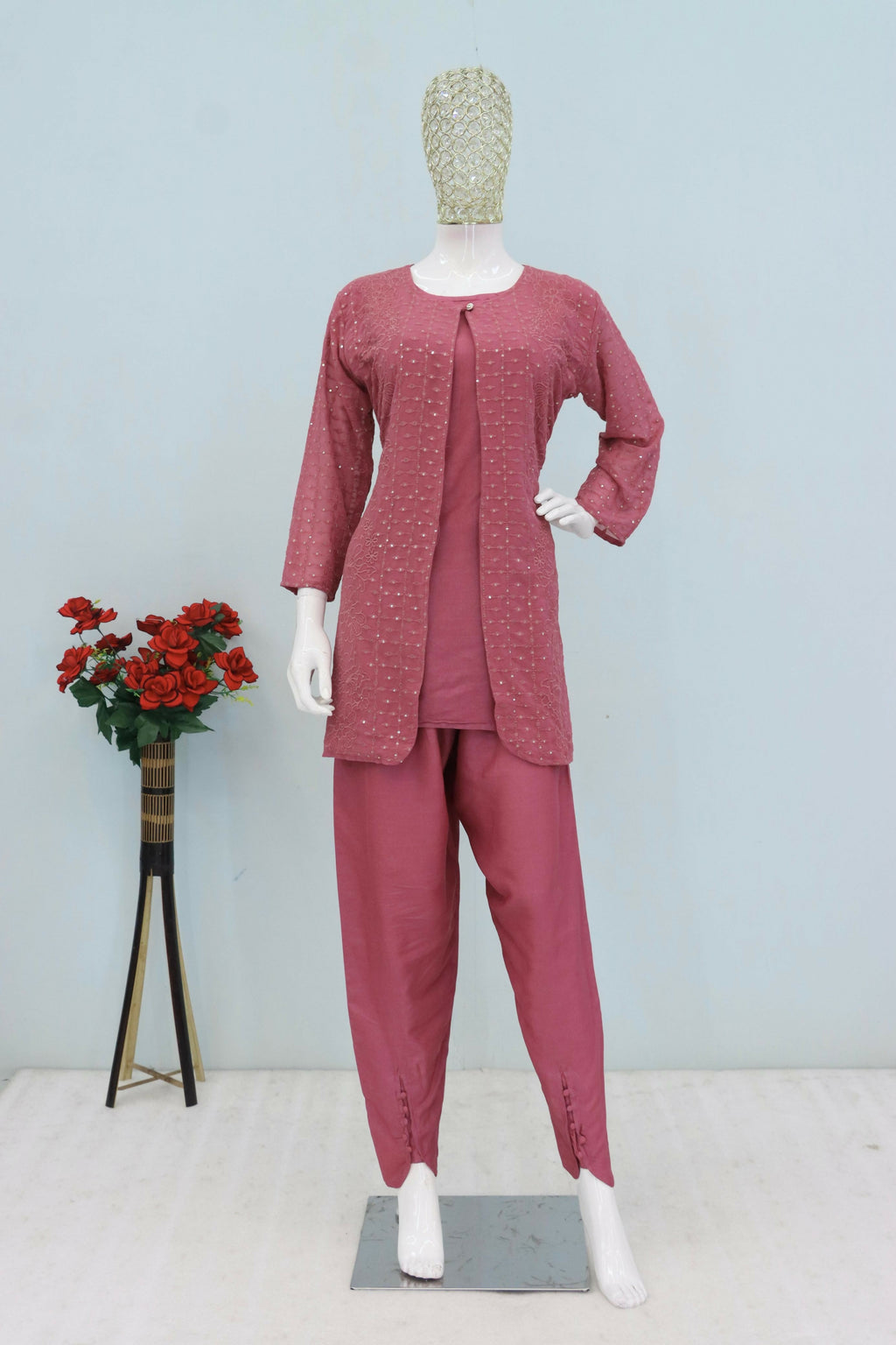 Anaita Pink Faux Georgette Readymade 2 Piece Set with Embroidery Work