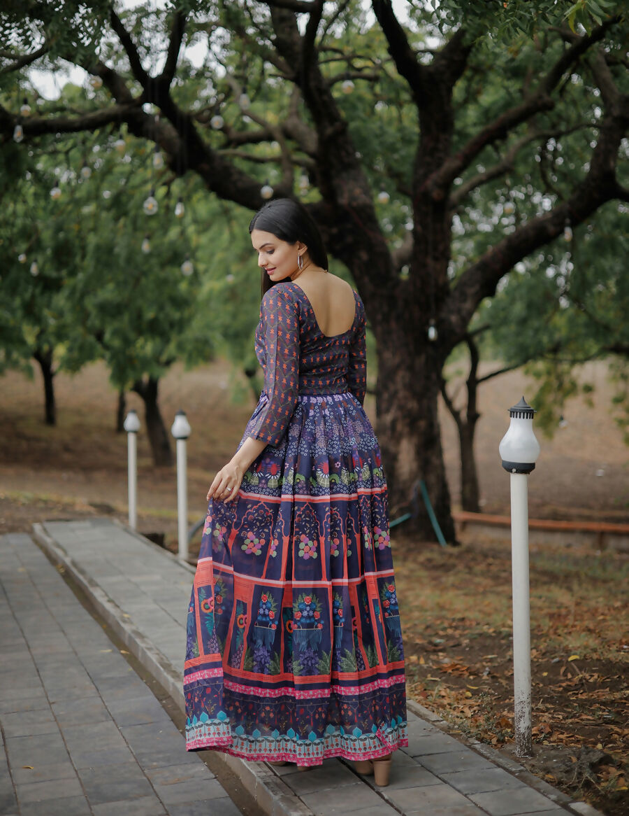 Aayaa Pure Chanderi Gown With Heavy Digital Print - Multi Color