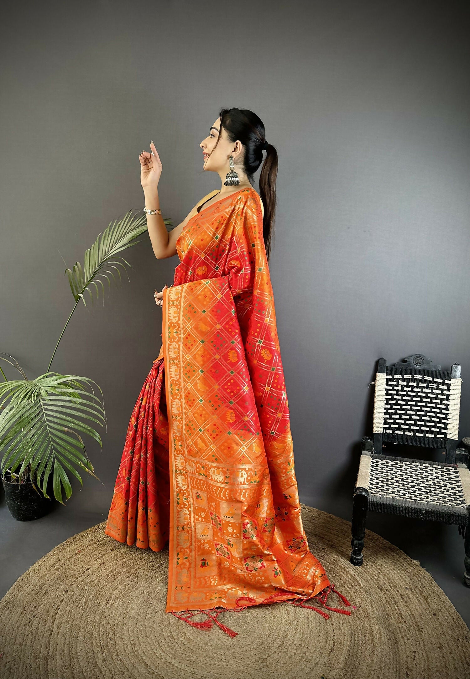 Joban Fashion Orange Geometric Pattern Soft Silk Patola Saree
