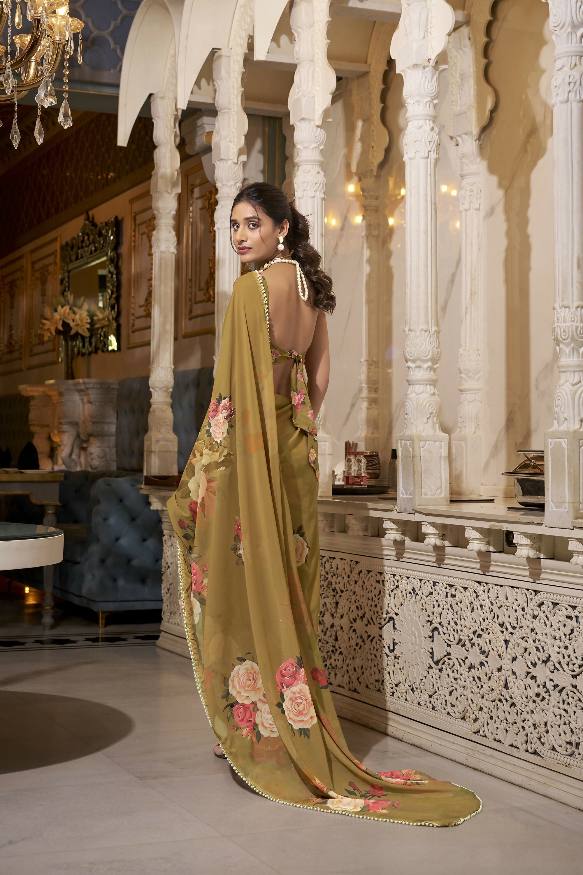 Vastranavya Brown Spectacular Georgette Printed with Pearl Lace Saree with Unstitched Blouse