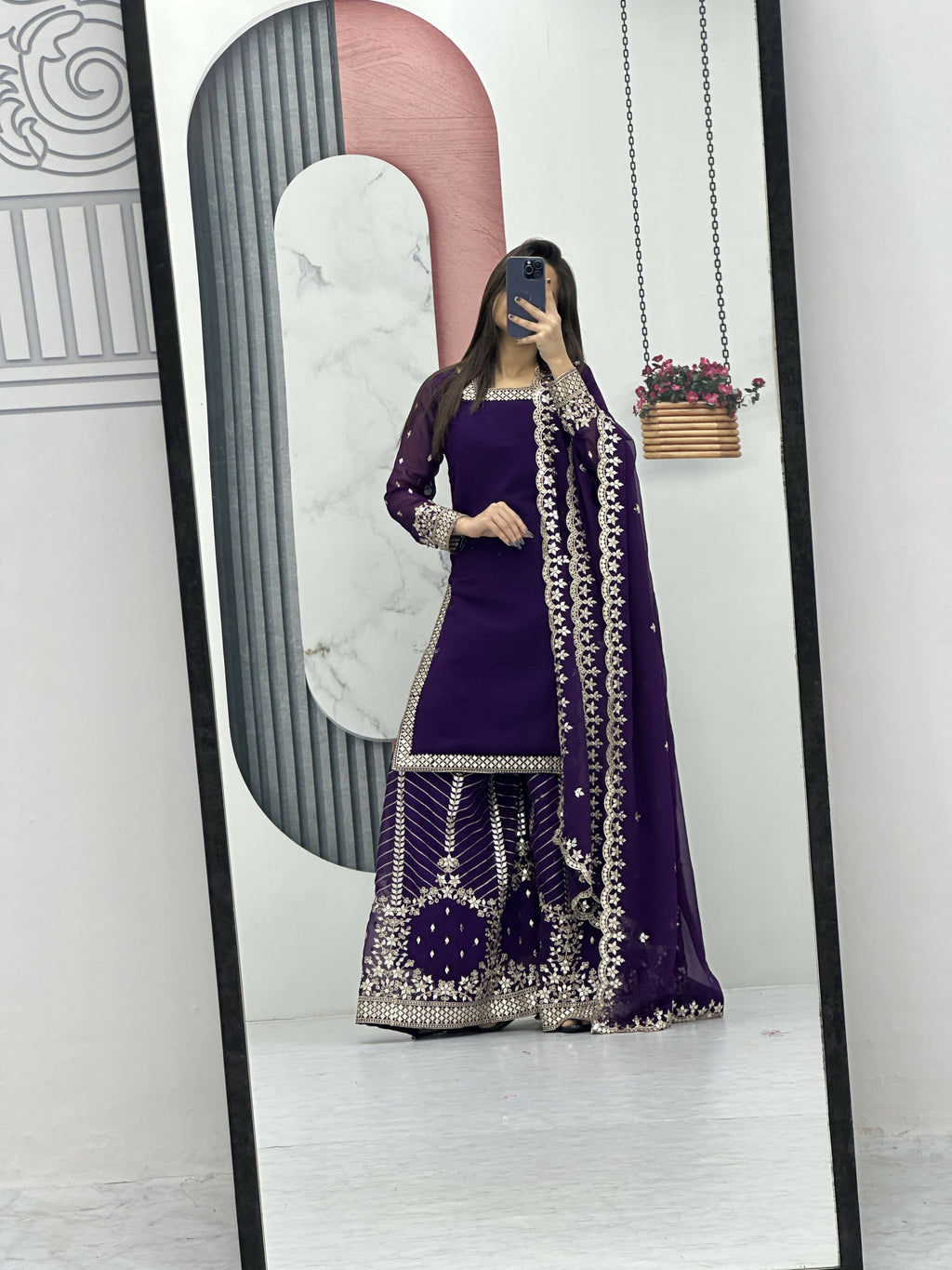 Teeya Creation Womens New Heavy Fox Georgette Fabric With Heavy Embroidery Work Purple Kurta Set
