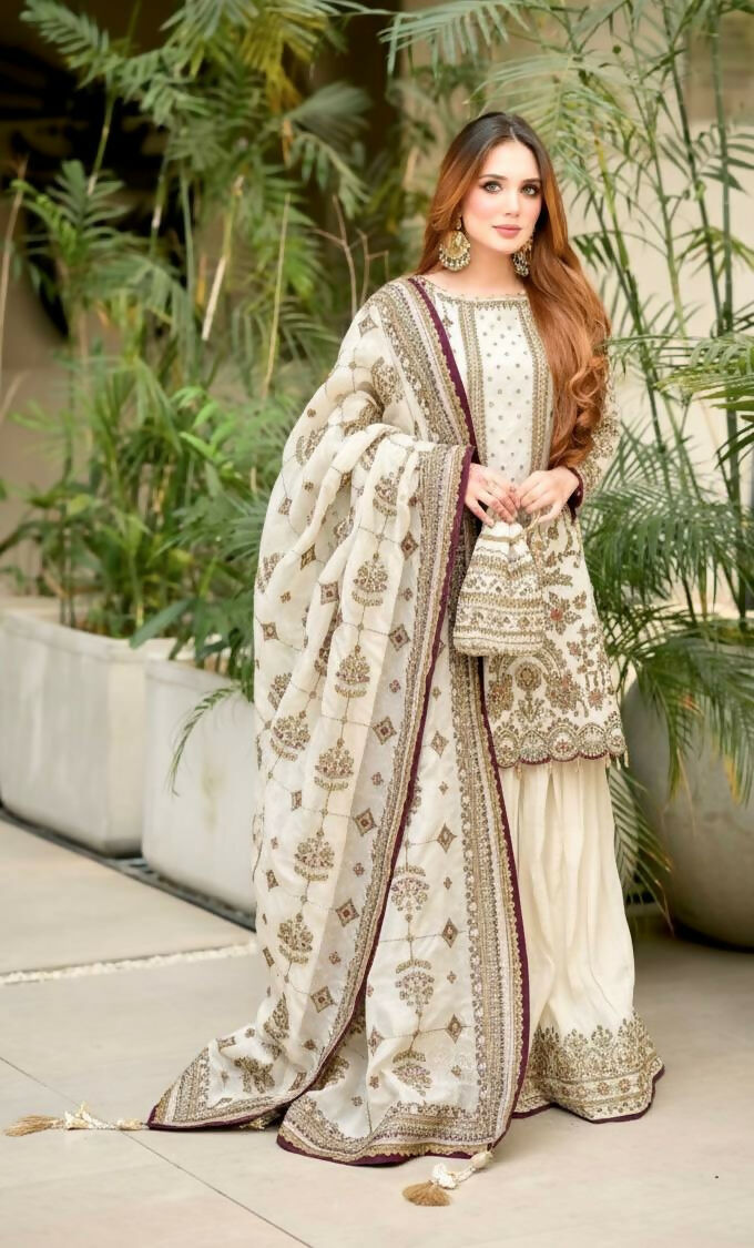 Teeya Creation White Faux georgette Designer heavy work Wedding Wear Palazzo pair