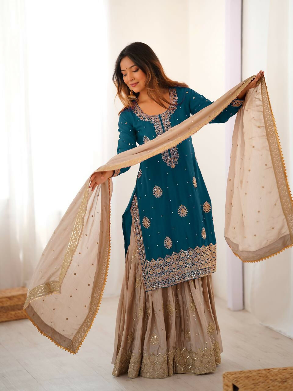 Lehenga Mart Designer Sharara Suit With Kurta, Sharara, Dupatta For Women-Teal Blue