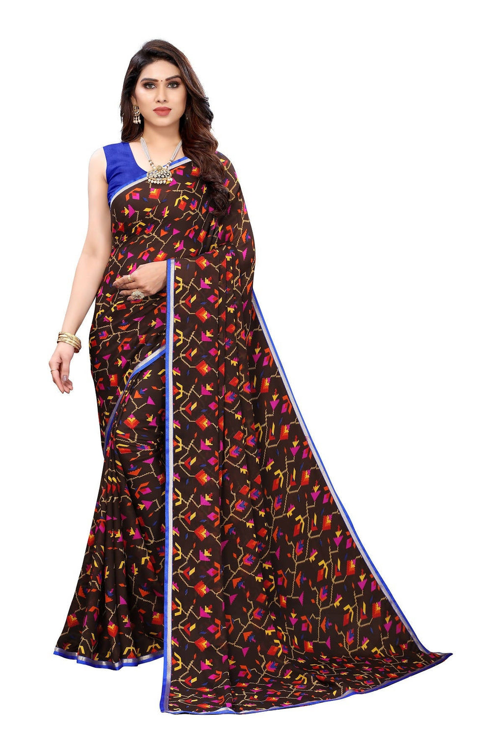 Vamika Beautiful Ethnic Fire Brown Printed With Lace Saree