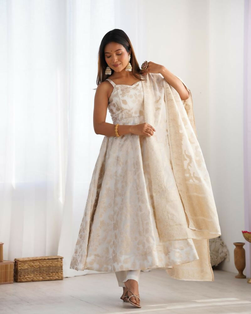 Lehenga Mart Designer Anarkali Suit With Kurta, Pant, Dupatta For Women-Off White