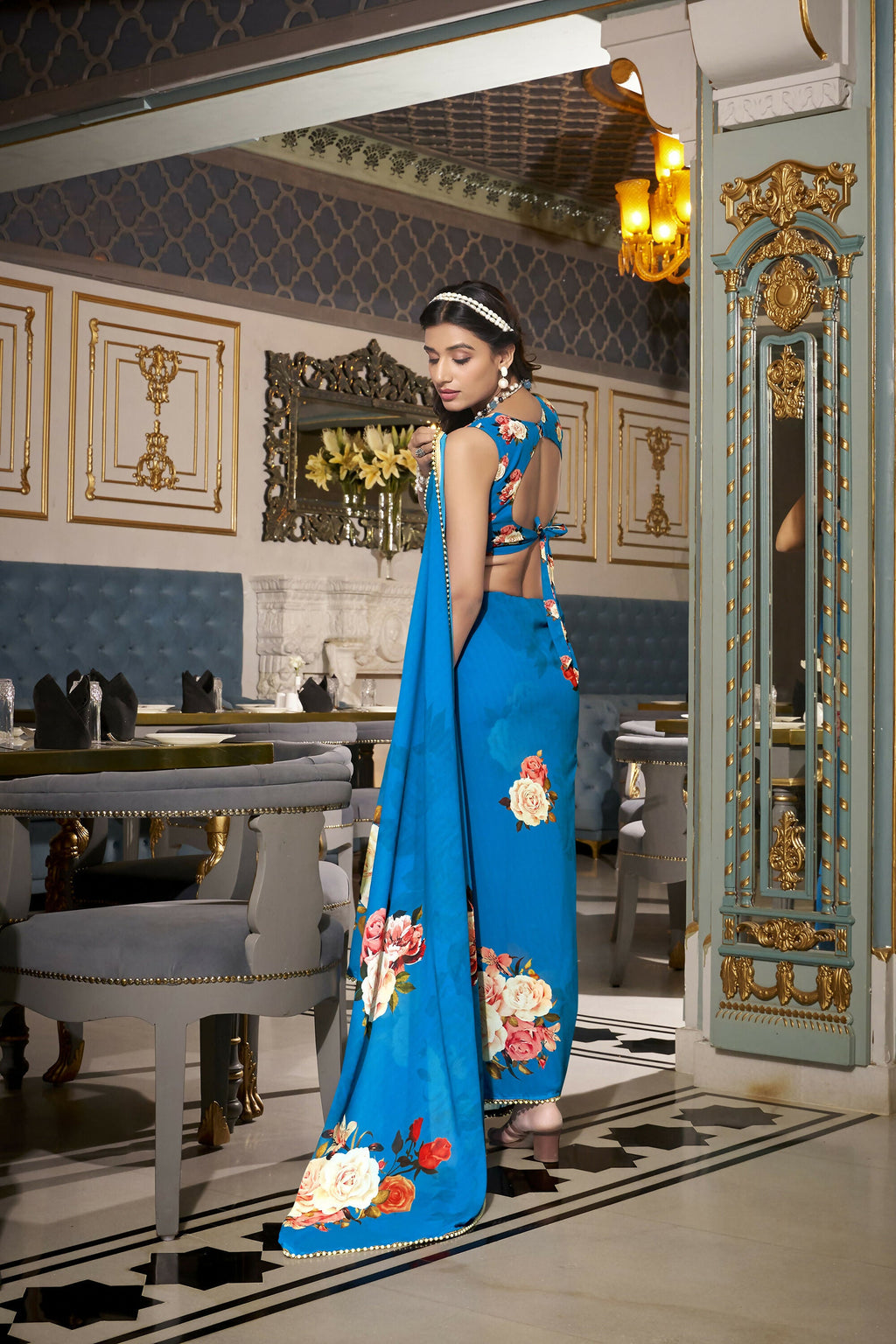 Vastranavya Firozi Spectacular Georgette Printed with Pearl Lace Saree with Unstitched Blouse