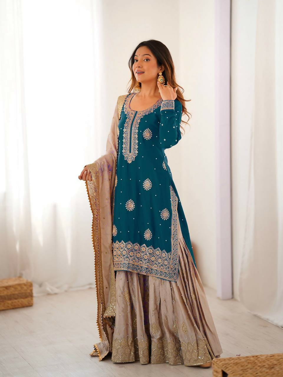 Lehenga Mart Designer Sharara Suit With Kurta, Sharara, Dupatta For Women-Teal Blue